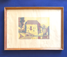 Pál Gerzson (1931-2008): Mill – Rare, Early Colored Linocut (1950s)