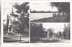 Albádszalók - Református templom, Tisza részlet, Hősök szobra képeslap - Monostori Gy. kiadása 1939