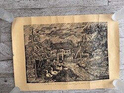 Sz. Kovács Géza (1938–): Kénosi utca, Erdély – large double-sided linocut print with autographed inscriptions