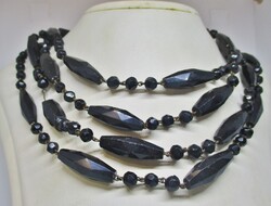 Unique Antique Long French Jet Necklace with Black Faceted Glass