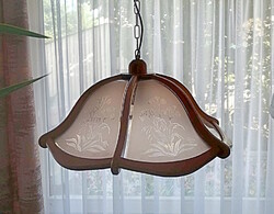 Vintage style beech wood framed, smoked glass ceiling chandelier.