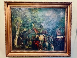 Göldner Tibor (1929–2023) – nagyméretű 121x100cm, sokalakos vásári jelenet – olajfestmény