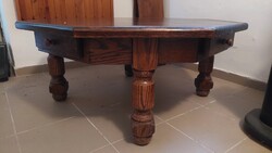 Old German-Style Solid Oak Coffee Table with 4 Drawers