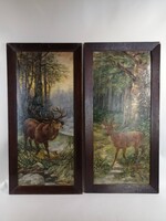 DEER AND ROE DEER - ANTIQUE PAIR OF PAINTINGS