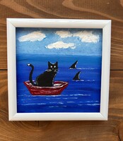 Egyedi mini festmény, sorszámozott-Funny Cat sorozat-kerettel vagy állvánnyal-JM10013