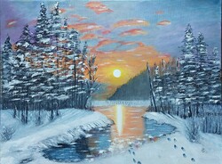 Winter Snowy Landscape at Sunset