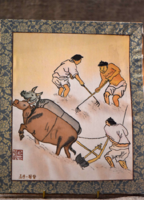 Hand-painted silk painting of farmers in Korea Pyongyang 1960s
