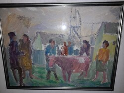 Incze János Dés (1912-1999) - Tehén a vásárban. Modern olajfestmény.