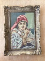 Framed, glazed tapestry