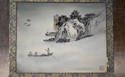 Hand-painted Silk Painting of a Boat on a Cliff, Korea, Pyongyang, 1960s