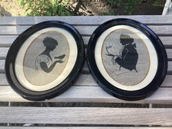 Antique Tapestry Shadow Portrait Pair