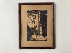 Winter evening. Woodcut.