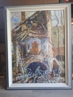 Bod László: "Háborús idő", festmény, Képcsarnok, olaj, farost, 60x45 cm+keret