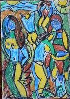 NÉMETH MIKLÓS(1934-2012) "MELINDA BIBERACH MELLÉ SZEGŐDIK VÍZHORDÓNAK" 2006 OLAJ-PASZTELL, FESTMÉNY!