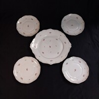 Hollóházi kézzel festett porcelán szett – 1 db nagy kínálótál és 4 db kistányér, apró virágos