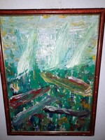 Klie Zoltán (1897-1992) - Hajók. Gyönyörű modern olajfestmény.