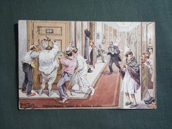 Képeslap,Arthur Thiele grafika,művészet,humor,vicc,foglalt WC a holelben,1916-