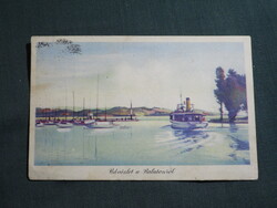 Képeslap,Balaton,hajóállomás,kikötő,sétahajó látkép,részlet,Szücs Pál grafika,1956-