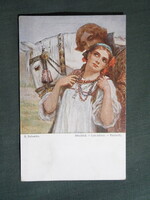 Képeslap,Sergey Solomko grafikai,művészet,férfi,lány,női modell,népviselet ruházat,romantika,1916-