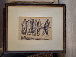Závory Zoltán (1906-2000), Beszélgető munkások, tusrajz, 1952, 30x20 cm+paszpartu+keret