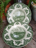 Original English Johnson Bros 'Old Britain Castles' green deep plate set (2 pcs)