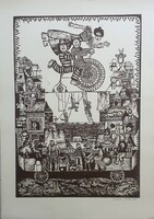Molnár Gabriella - Mutatványosok 50 x 35 cm linóleummetszet , papír