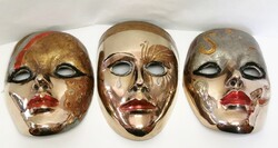 Bronze wall mask trio with enamel decoration, polished. Indian rarity
