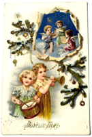 Antique Embossed Christmas Greeting Card - Musical Children and Angels on Christmas Tree Branch 1906