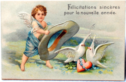Antique embossed New Year's greeting card - angel hat, doves, 4-leaf clover