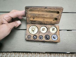 Antique Pharmacy or Kitchen Weighing Scale Set in Original Wooden Box, 3 Copper, 5 Iron Items