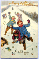 Antique embossed New Year's litho postcard - children snowballing in golden boots 1906