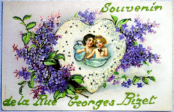 Antique glitter greeting litho card - heart, angels, wisteria - with Valentine’s Day advertisement