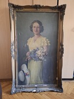 Edvi Illés Aladárné, 1934, festmény, fiatal hölgy, olaj, vászon, 70x125 cm+sérült keret