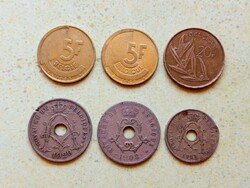Belgium 6 db Különböző Érme 10 25 Centimes 5 20 Frank Francs 1908-1986
