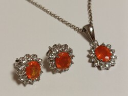 Ethiopian Orange Fire Opal and Aquamarine Jewelry Set – 925 Sterling Silver