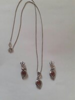 Silver Necklace with Amber Pendant and Earrings