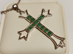 Természetes brazil smaragd kereszt medál – 925 sterling ezüst