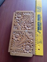 . Dual-slide lid, intricately carved compartmentalized wooden box