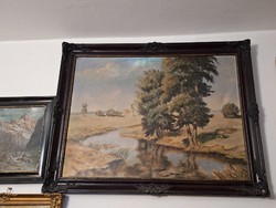 Signed? 60x80 antique landscape painting in ebony frame, Hungarian painter, early 20th century?