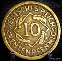 Németország 10 rentenpfennig, 1924 Verdejel "F" – Stuttgart D06G1V