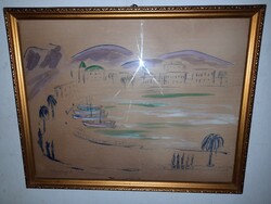 Antik festmény, tengeri öböl, vitorlásokkal. Gyönyörű, jelzett alkotás.