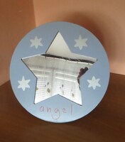 Vintage blue wooden mirror with stars, 30 cm, from the 90s