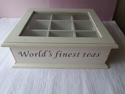 9 rekeszes fehér fa teásdoboz teafilter tartó üvegtetővel vintage shabby stílusú