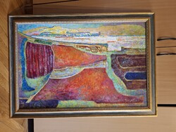 Potyók Tamás: "Tokaji táj, 1997, Alkonyat", festmény, olaj, vászon, 60x90 cm+keret
