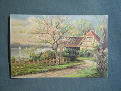 Képeslap,litho,dombornyomott,grafikai,művészet,aranyozott,tóparti tájkép,1906-