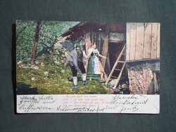 Képeslap,litho,grafikai,művészet,férfi,lány,hőlgy,női modell,alpesi népviselet,romantika,1909-