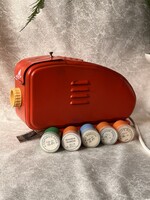 Classic retro red-orange Hungarian disc engraver's car rear window slide projector with 5 slides