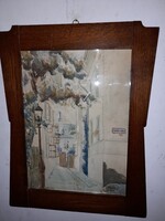 Zórád Ernő (1911-2004) -A Donáti utca, a Várban. 1933. Gyönyörű festmény. Szecessziós diófa keret!
