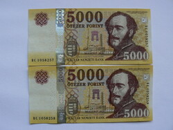 2 DB SORSZÁMKÖVETŐ SZÉCHENYI ÖTEZER FORINT 2016 BC. UNC. BANKJEGY