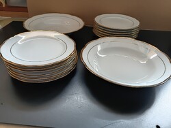 Retro Jingdezhen elgáns, vastagon aranyozott fehér porcelán süteményes, 2 salátás készlet, 6+1 db-os